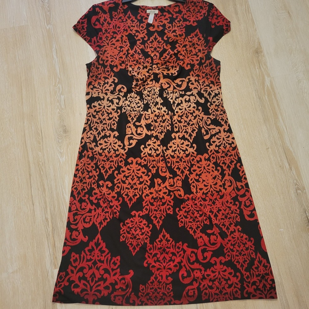 Soma Knit Dress Womens Large Red Orange Damask Empire Waist V-Neck Cap Sleeve - Picture 12 of 15